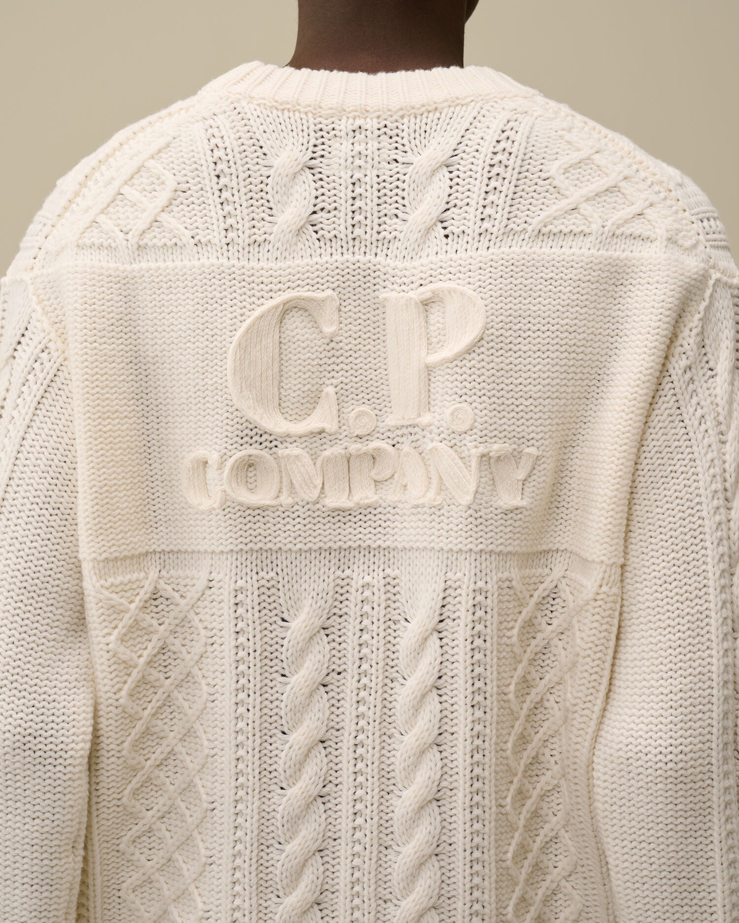 CP Company Intarsia logo cable crew knit sweater in cream white