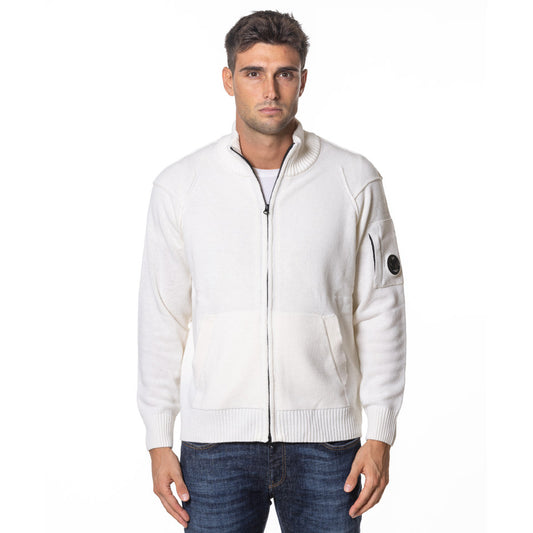 CP Company black labswool lens-detailed zipped cardigan, front view.
