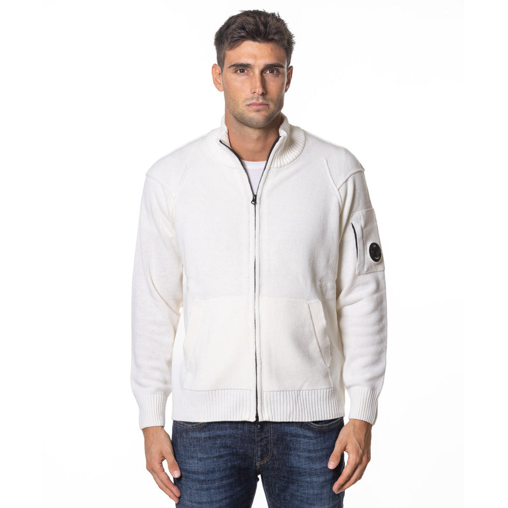 CP Company black labswool lens-detailed zipped cardigan, front view.
