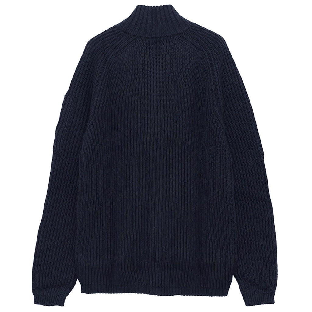 CP Company blue merino wool ribbed zip cardigan sweater, back view.
