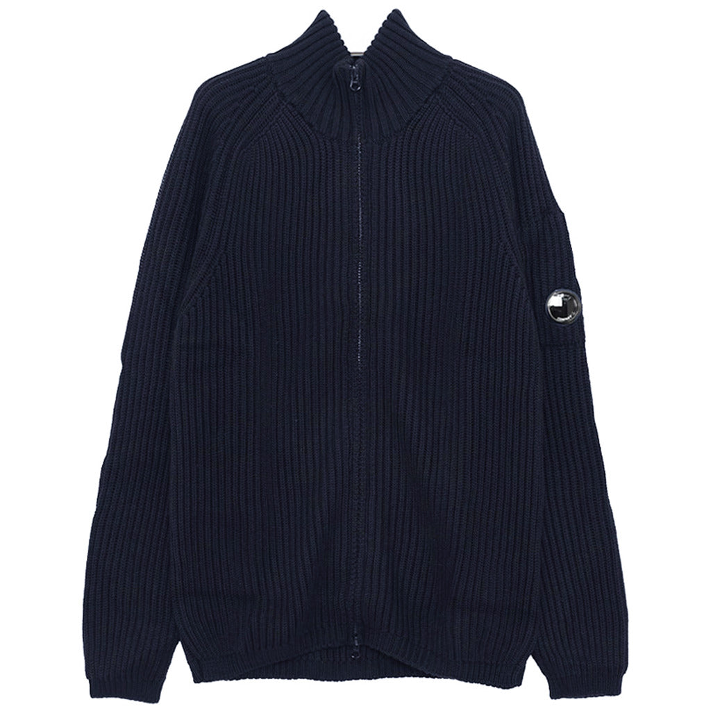 CP Company blue merino wool ribbed zip cardigan sweater, front view.
