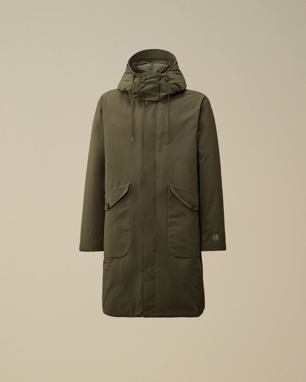 CP Company Micro-M (R) down parka in green, front view.