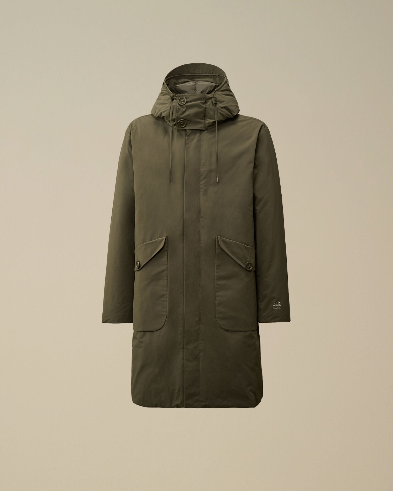 CP Company Micro-M (R) down parka in green, front view.