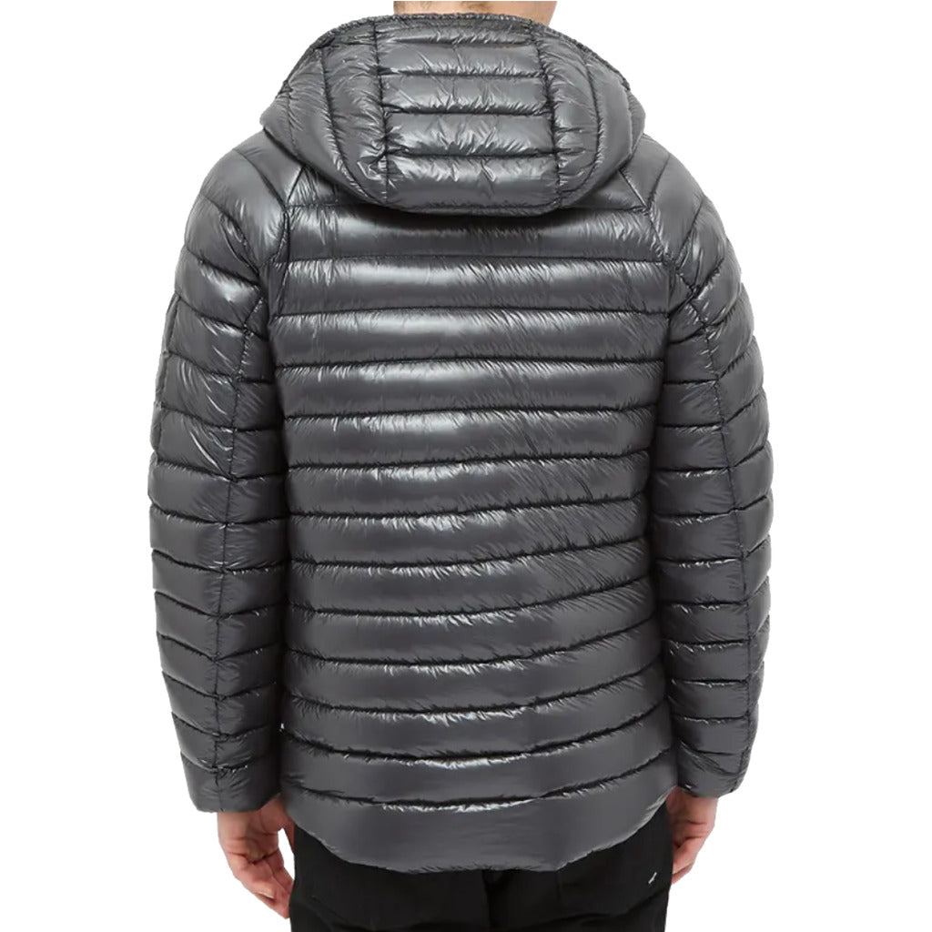 Back view of the CP Company grey short down jacket with hood