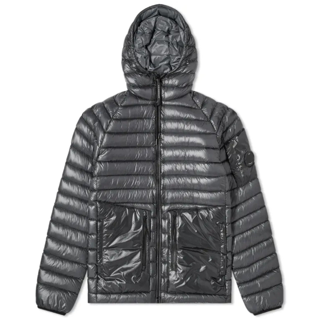 CP Company grey micro-ripstop down jacket with hood, front view.
