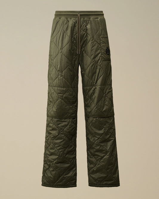 CP Company camo green quilted straight sweatpants, front view with drawstring.
