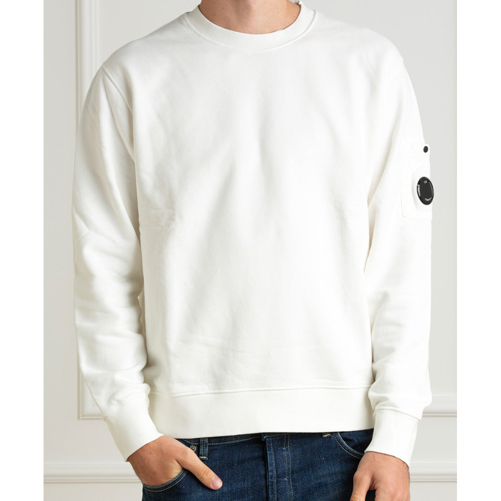 CP Company white unisex cotton sweatshirt with side goggle zip pocket, front view.

