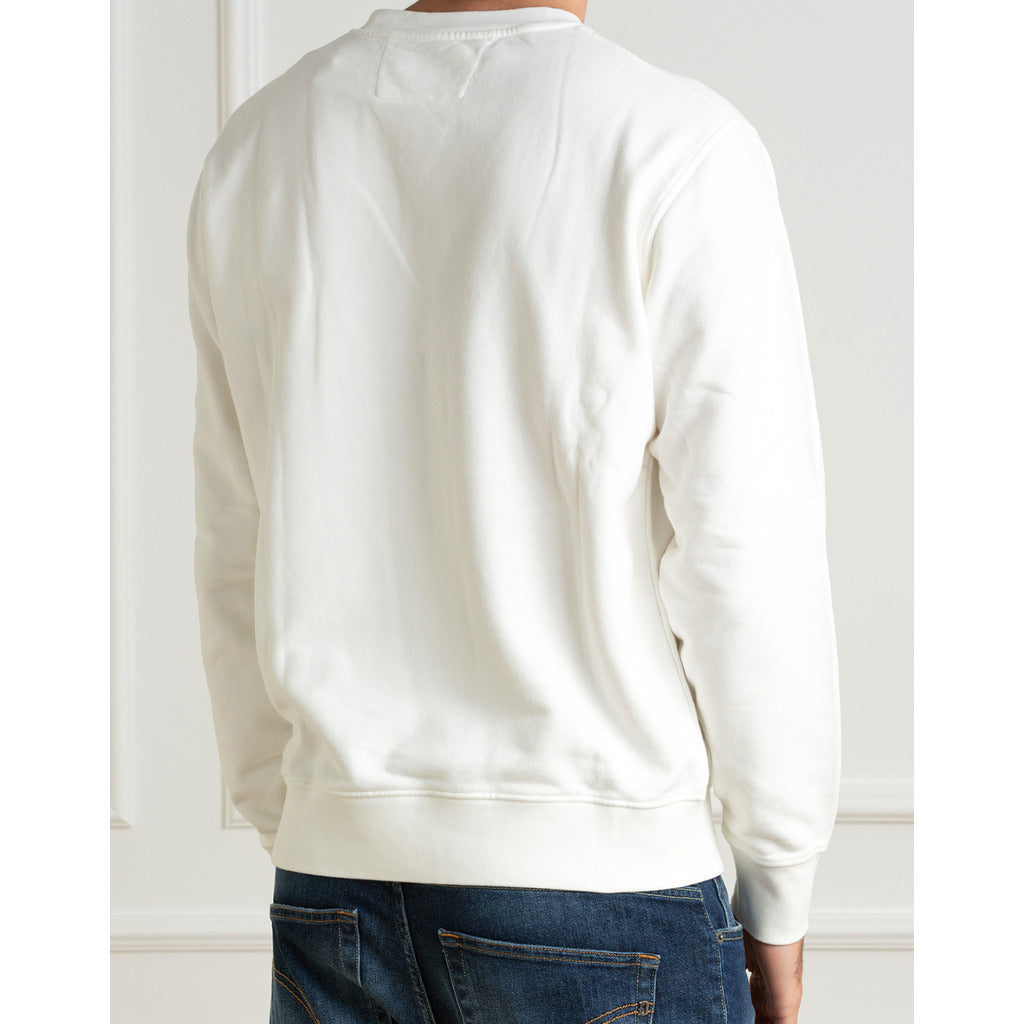 Back view of the CP Company white unisex regular fit goggle pocket jumper.
