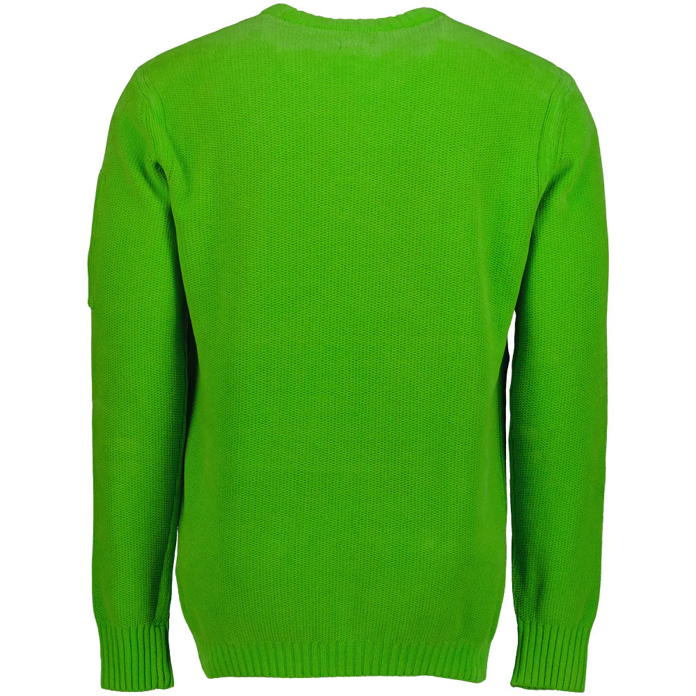 Back view of the CP Company green wool blend goggle pocket cardigan sweater.

