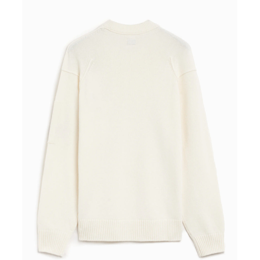 Back view of the CP Company white wool blend goggle pocket cardigan sweater.