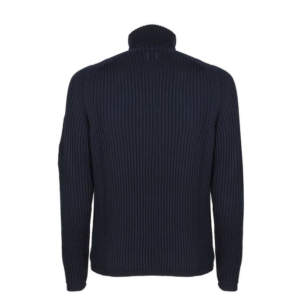Back view of the CP Company blue wool blend goggle pocket turtleneck sweater