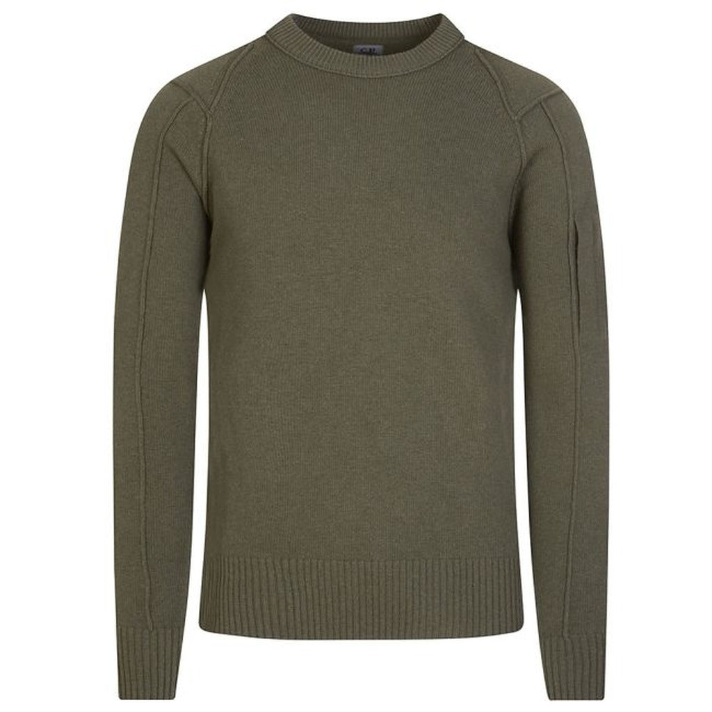 CP Company green wool blend cardigan sweater with side goggle zip pocket, front view