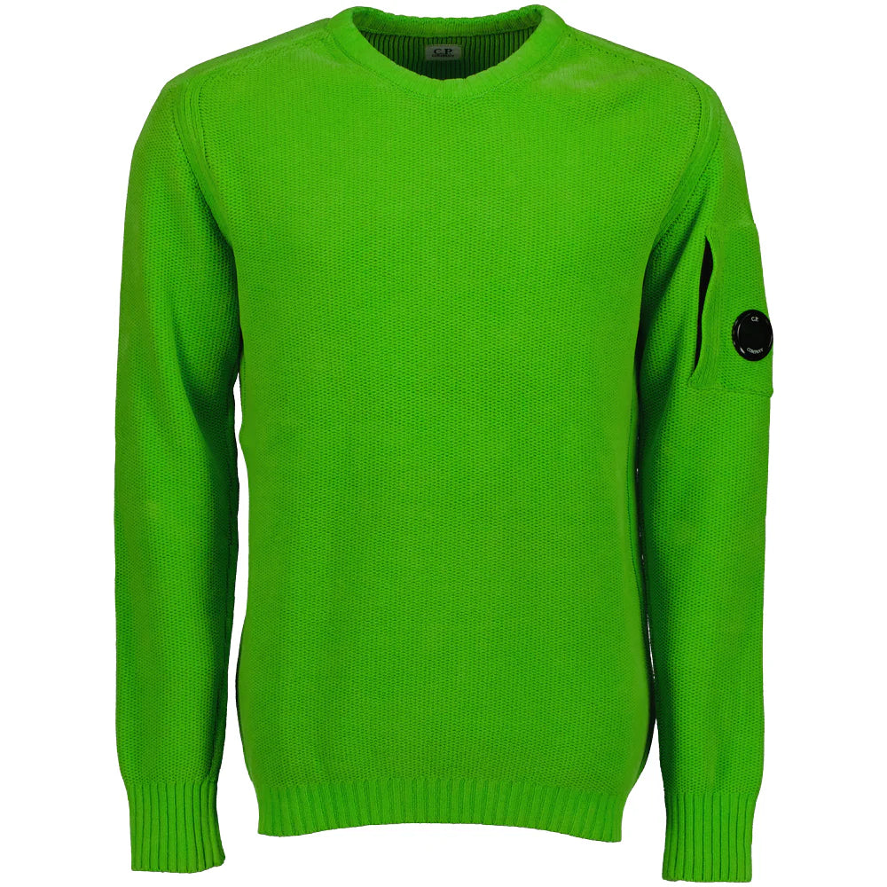 CP Company green wool blend cardigan sweater with side goggle zip pocket, front view