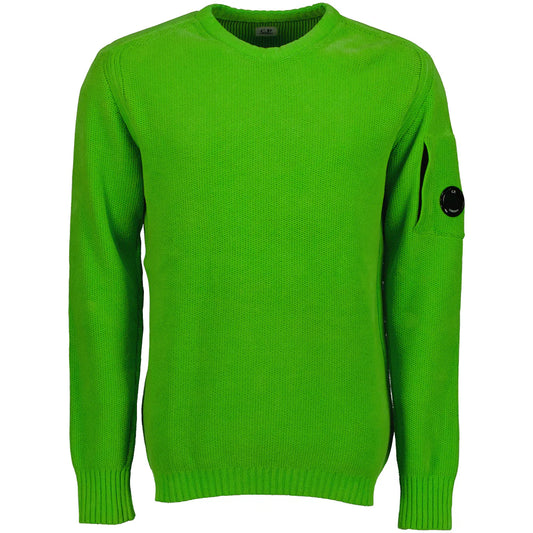 CP Company green wool blend cardigan sweater with side goggle zip pocket, front view