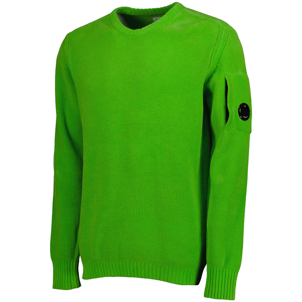 CP Company green wool blend cardigan sweater with side goggle zip pocket, side view