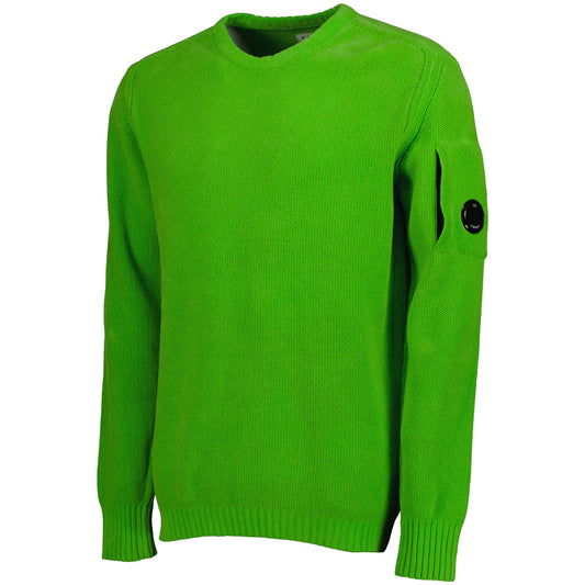 CP Company green wool blend cardigan sweater with side goggle zip pocket, side view