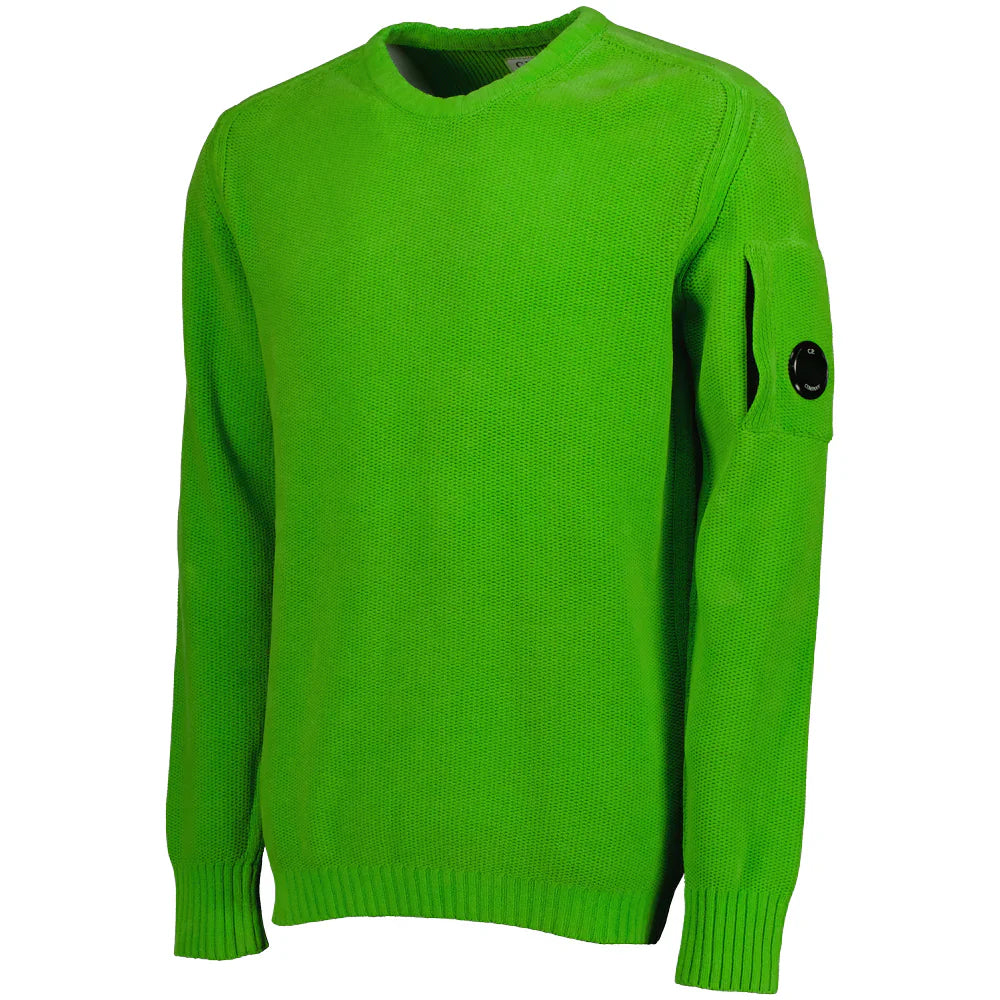 CP Company green wool blend cardigan sweater with side goggle zip pocket, side view