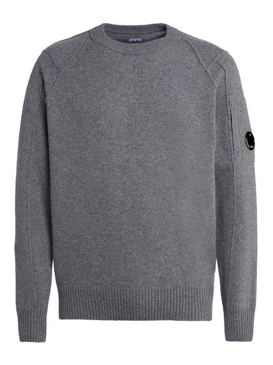 CP Company grey wool blend cardigan sweater with side goggle zip pocket, front view
