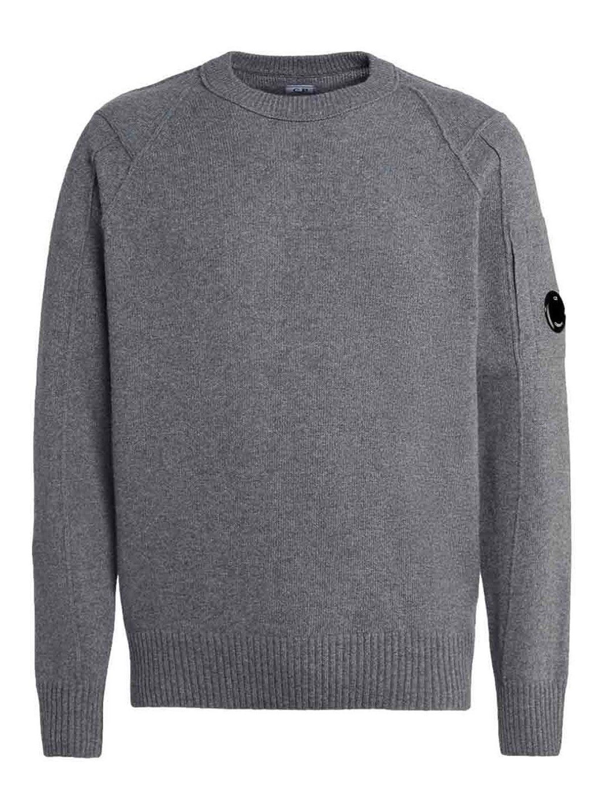 CP Company grey wool blend cardigan sweater with side goggle zip pocket, front view