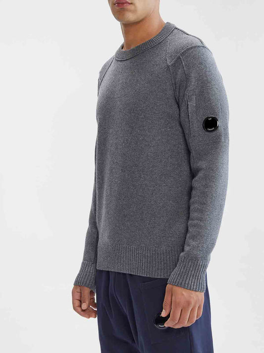 CP Company grey wool blend cardigan sweater with side goggle zip pocket, side view