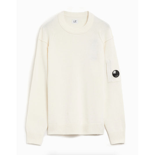 CP Company white wool blend cardigan sweater with side goggle zip pocket, front view.
