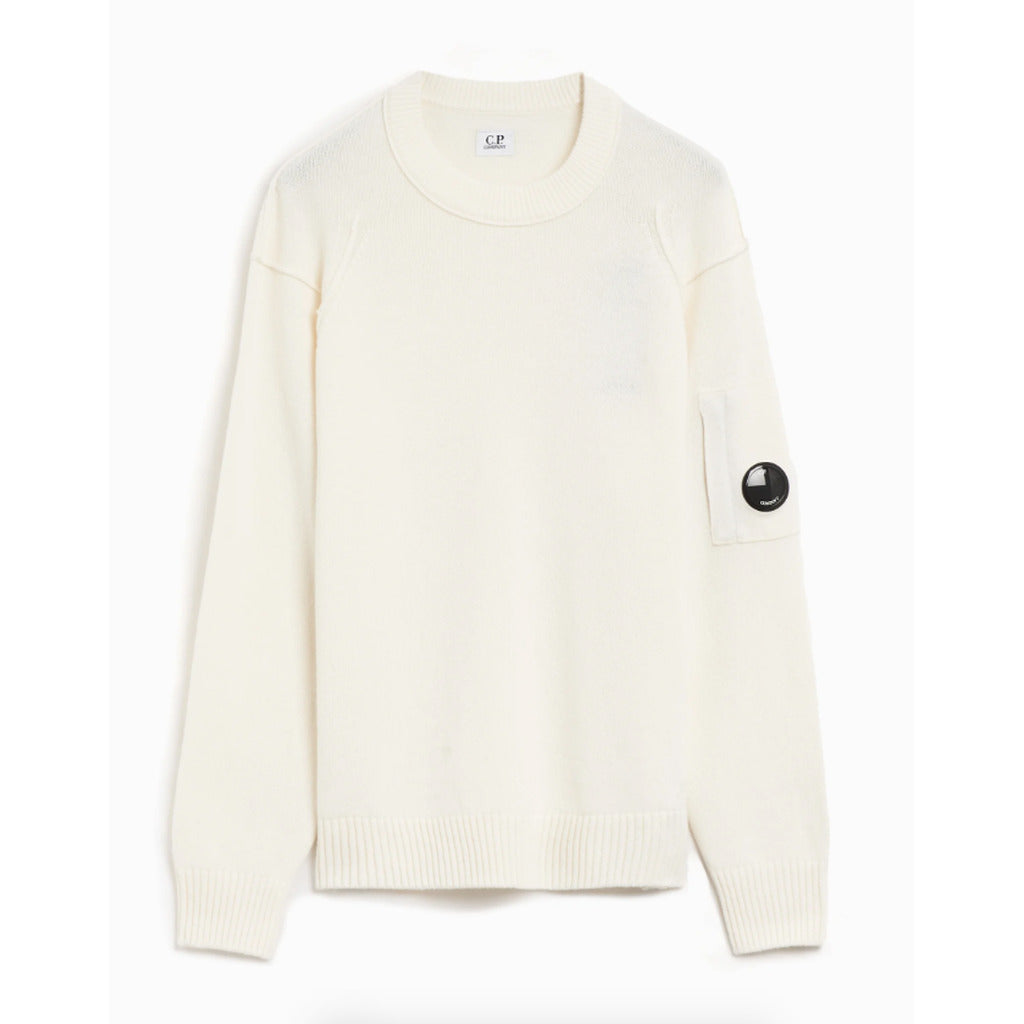 CP Company white wool blend cardigan sweater with side goggle zip pocket, front view.
