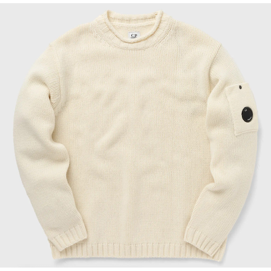 CP Company cream white wool blend sweater with side goggle pocket, full front view.
