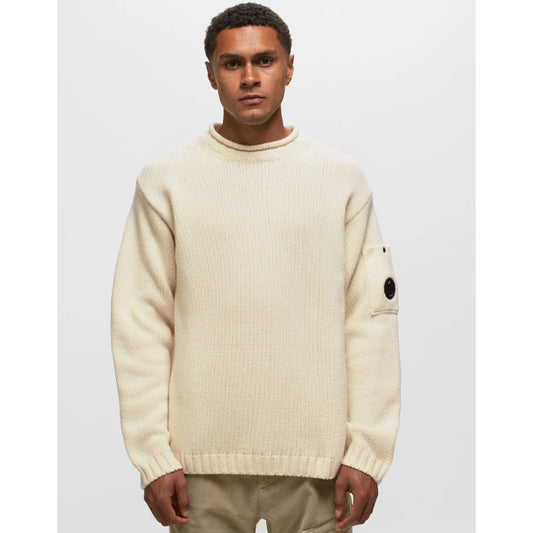 CP Company cream white wool blend sweater with side goggle pocket, front view.