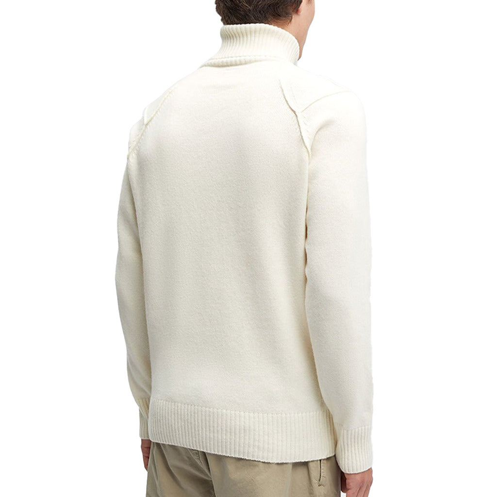 CP Company white wool knit turtleneck sweater, back view.
