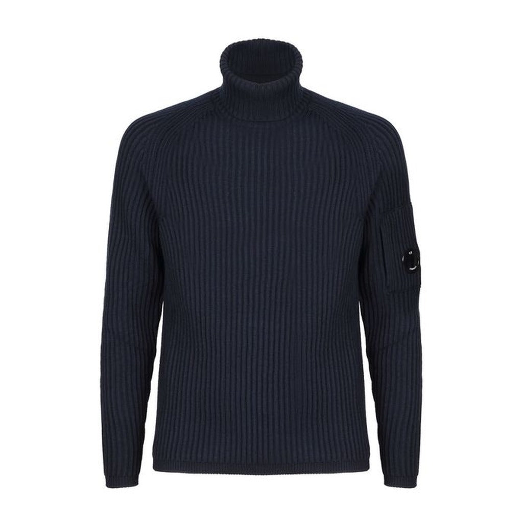 CP Company blue wool blend turtleneck sweater with side goggle pocket, front view.
