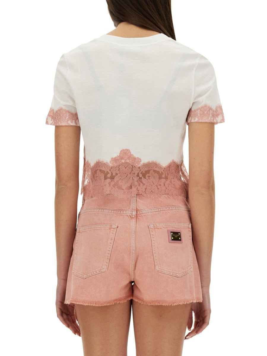 Dolce & Gabbana ZKRACOVANÉ DŽERZEJOVÉ TRIČKO S KRAJKOVÝMI VKLÁDKAMI