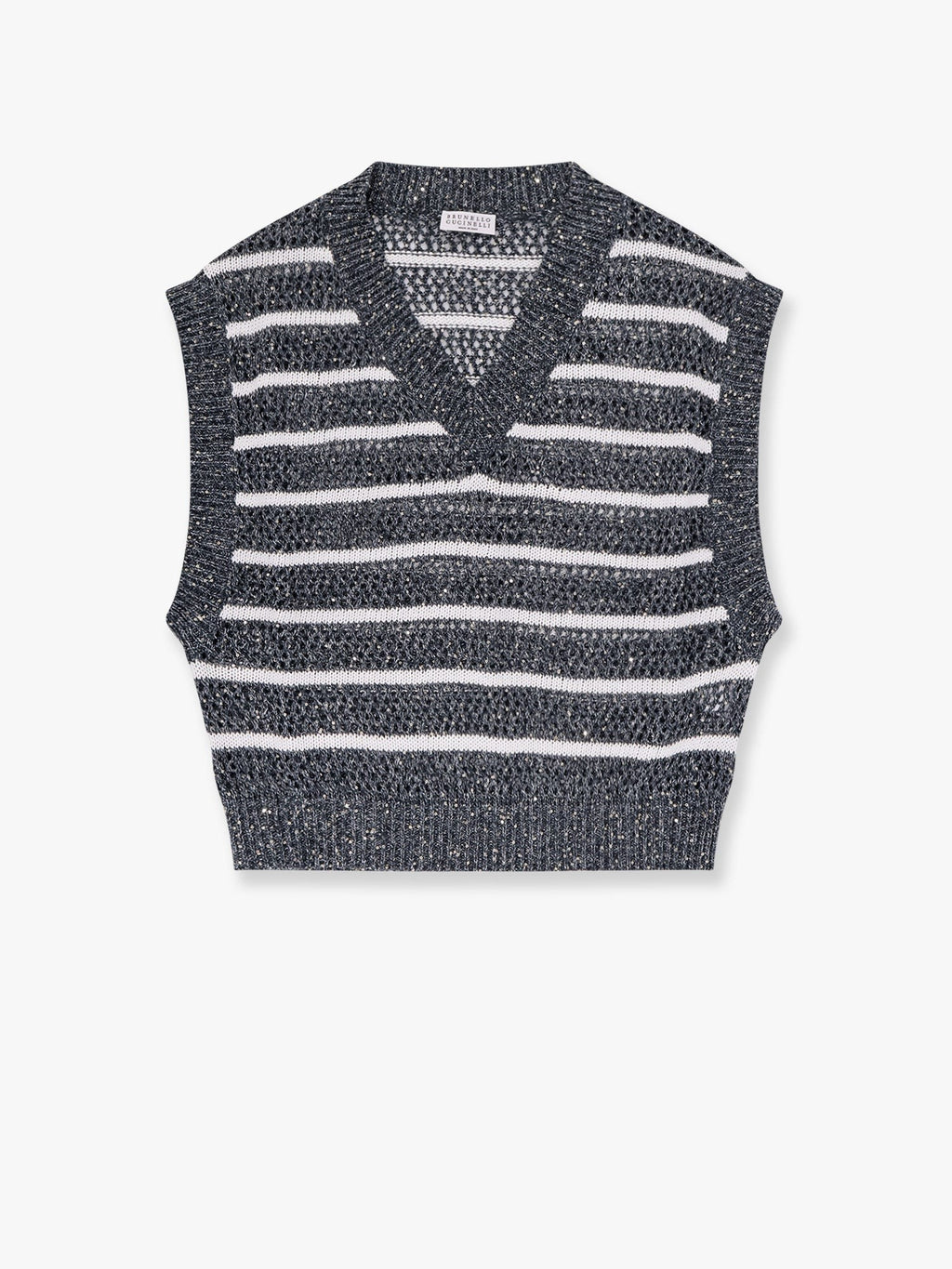 Brunello Cucinelli Schillernder gestreifter Netzstrick-Leinenpullover