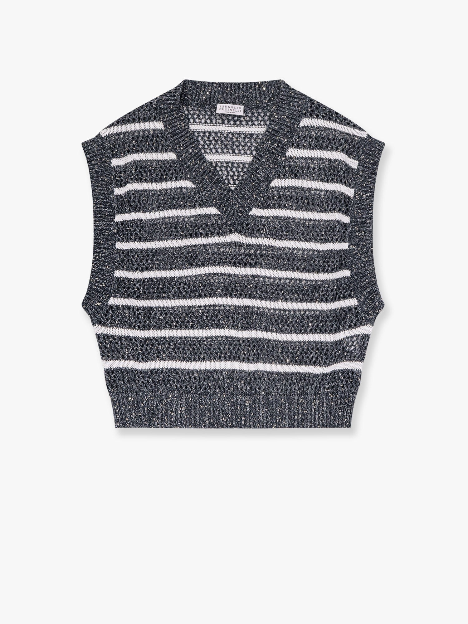 Brunello Cucinelli Schillernder gestreifter Netzstrick-Leinenpullover