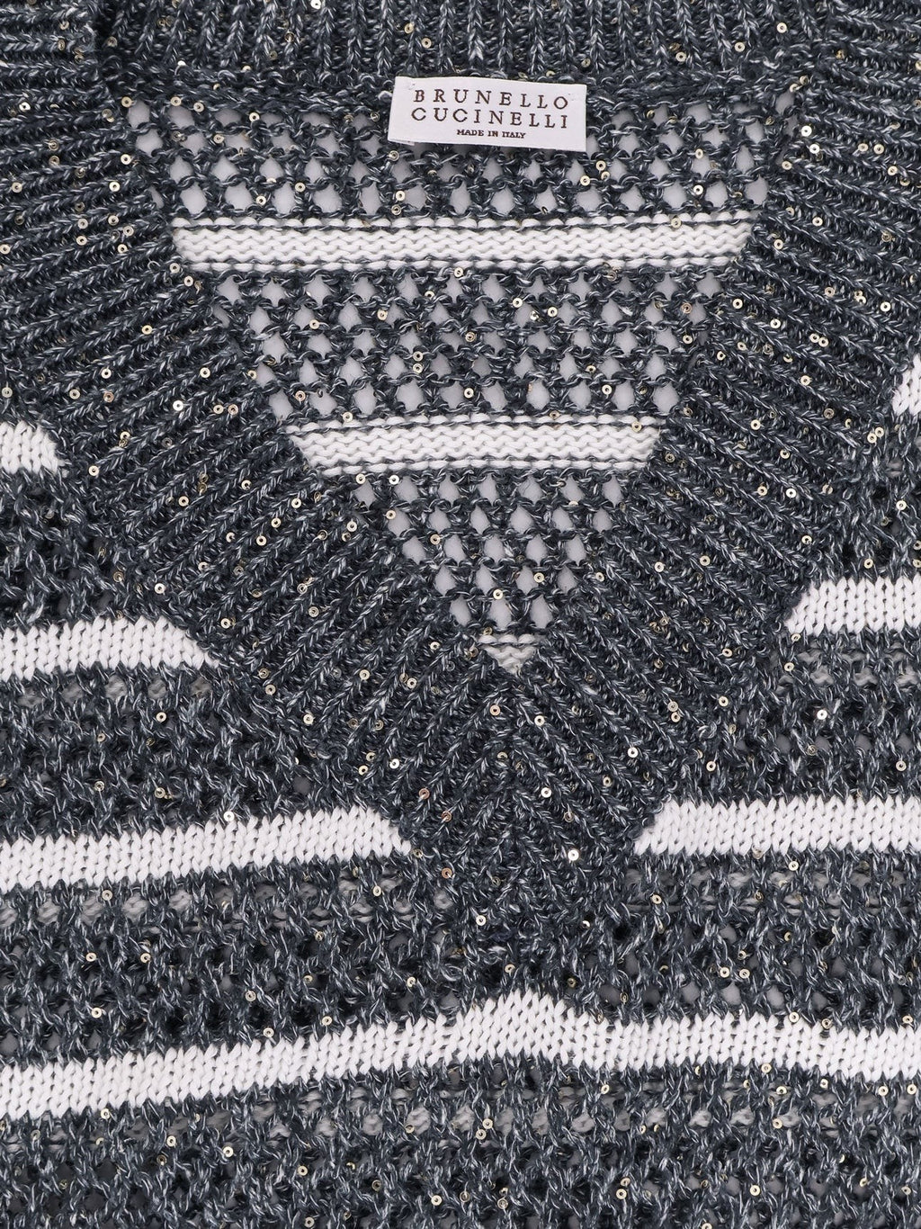 Brunello Cucinelli Schillernder gestreifter Netzstrick-Leinenpullover