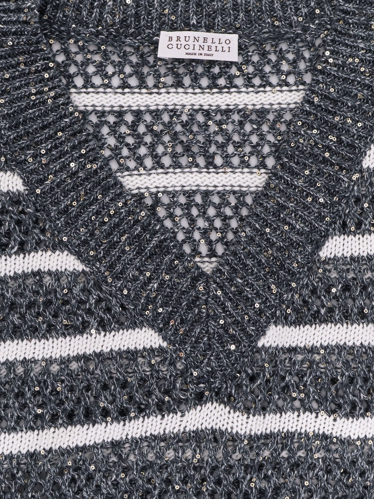 Brunello Cucinelli Schillernder gestreifter Netzstrick-Leinenpullover