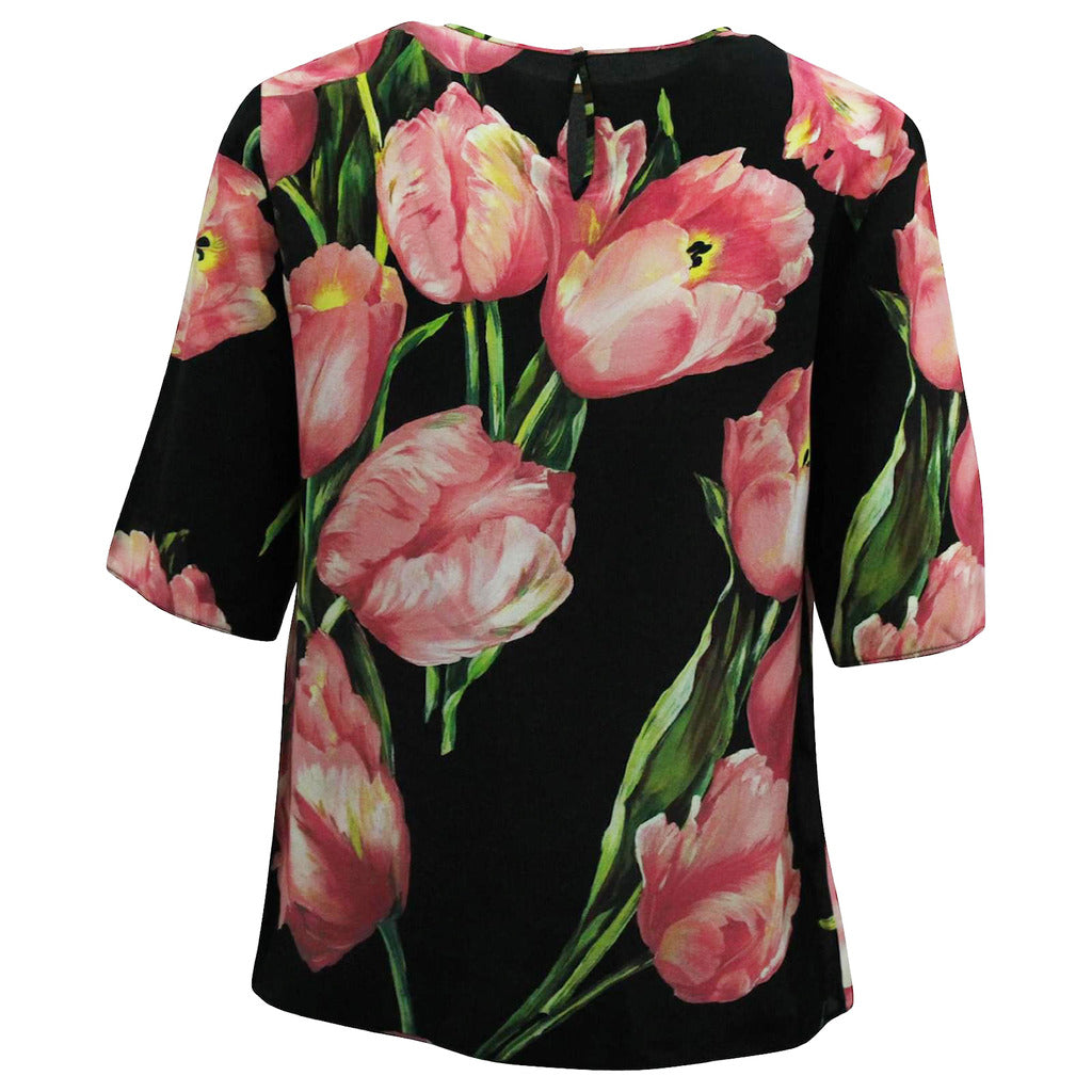 Dolce & Gabbana black silk blouse with tulip floral print, front view
