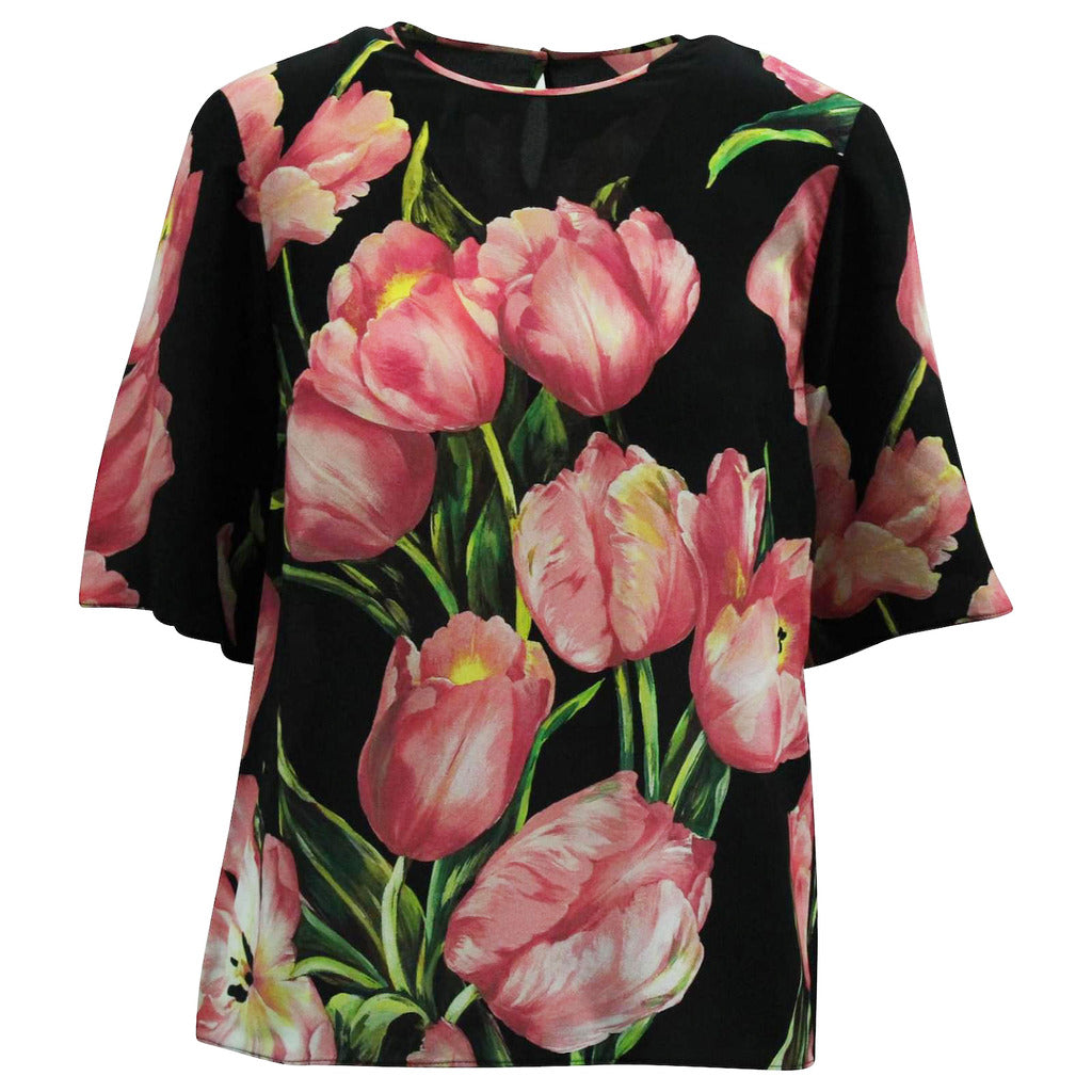 Close-up of the tulip floral print on Dolce & Gabbana black silk shirt
