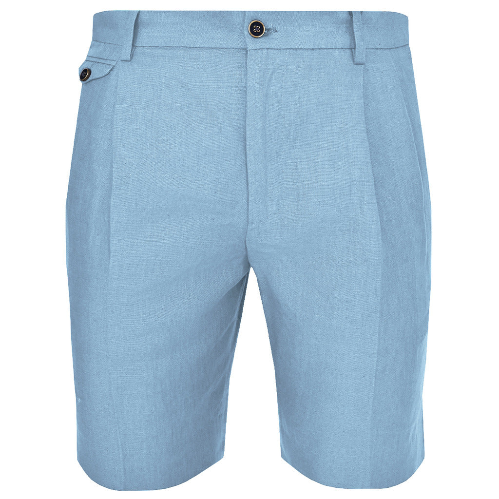 Dolce & Gabbana blue pleated linen shorts, front view
