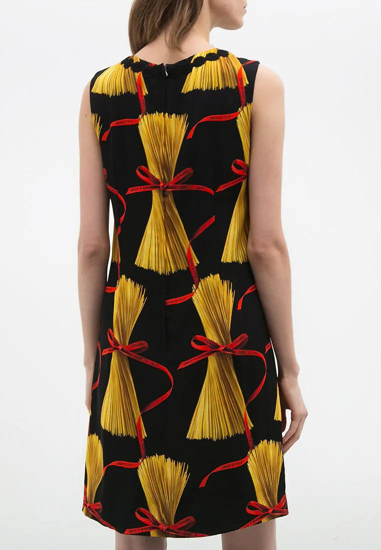 Dolce & Gabbana silk blend short dress with all-over pasta spaghetti print, back view
