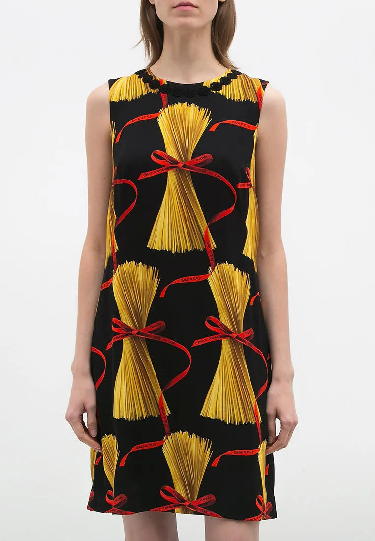Dolce & Gabbana silk blend short dress with all-over pasta spaghetti print, front view

