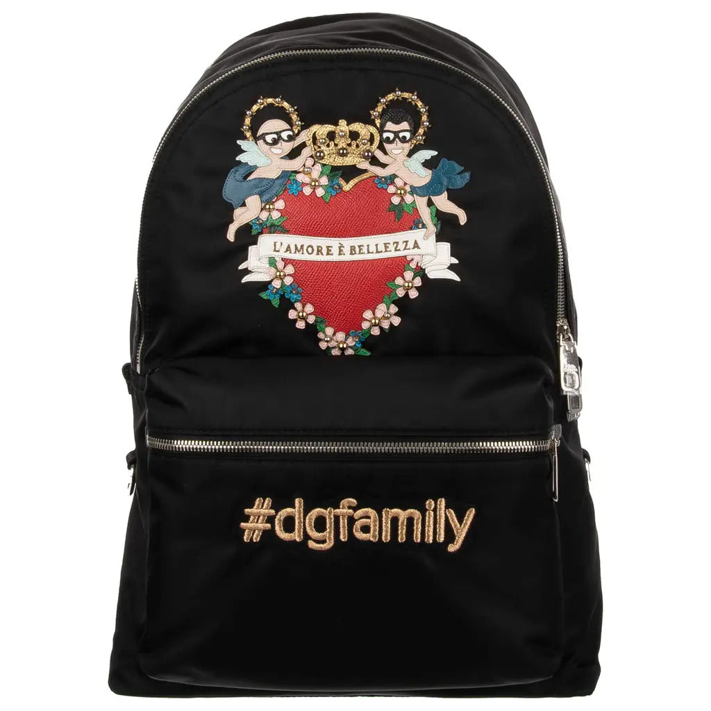 Dolce & Gabbana Family Patch black backpack front view with leather applications
