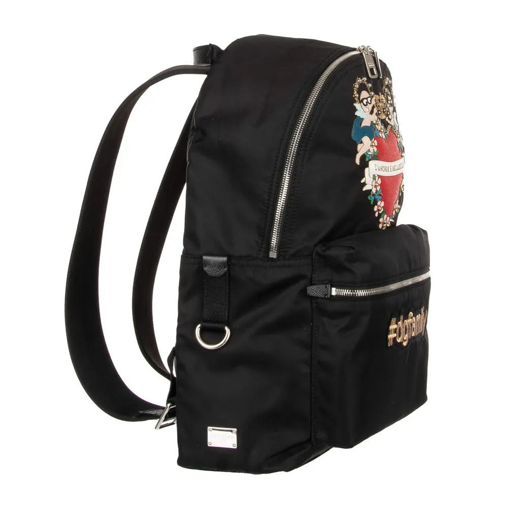 Right side view of the Dolce & Gabbana Family Patch black backpack
