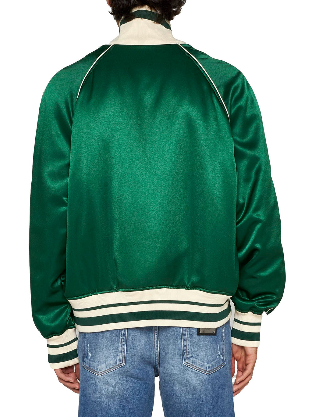 Back view of the Dolce & Gabbana green floral logo-print satin bomber jacket
