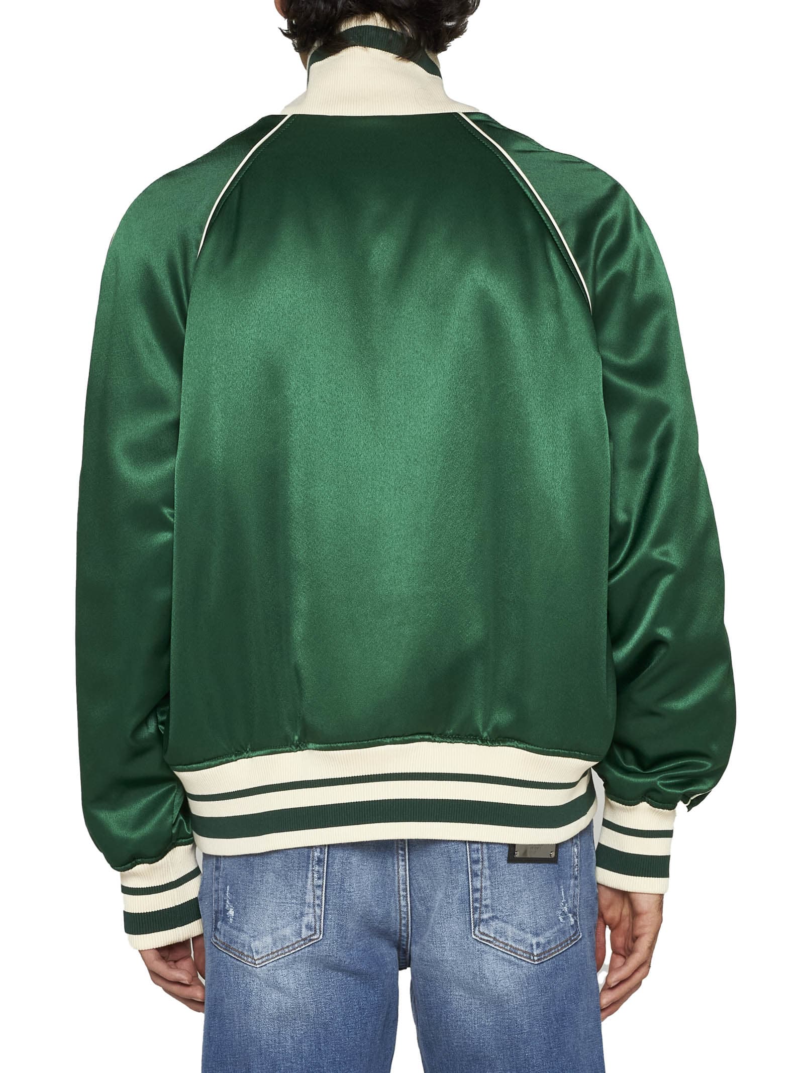 Back view of the Dolce & Gabbana green floral logo-print satin bomber jacket
