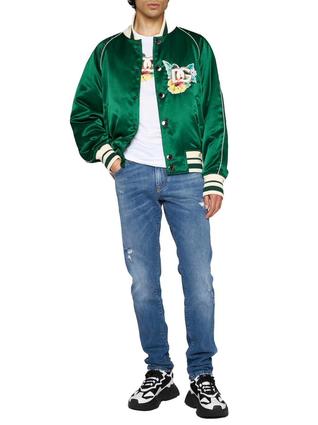 Model wearing the Dolce & Gabbana green floral logo-print satin bomber jacket, full height