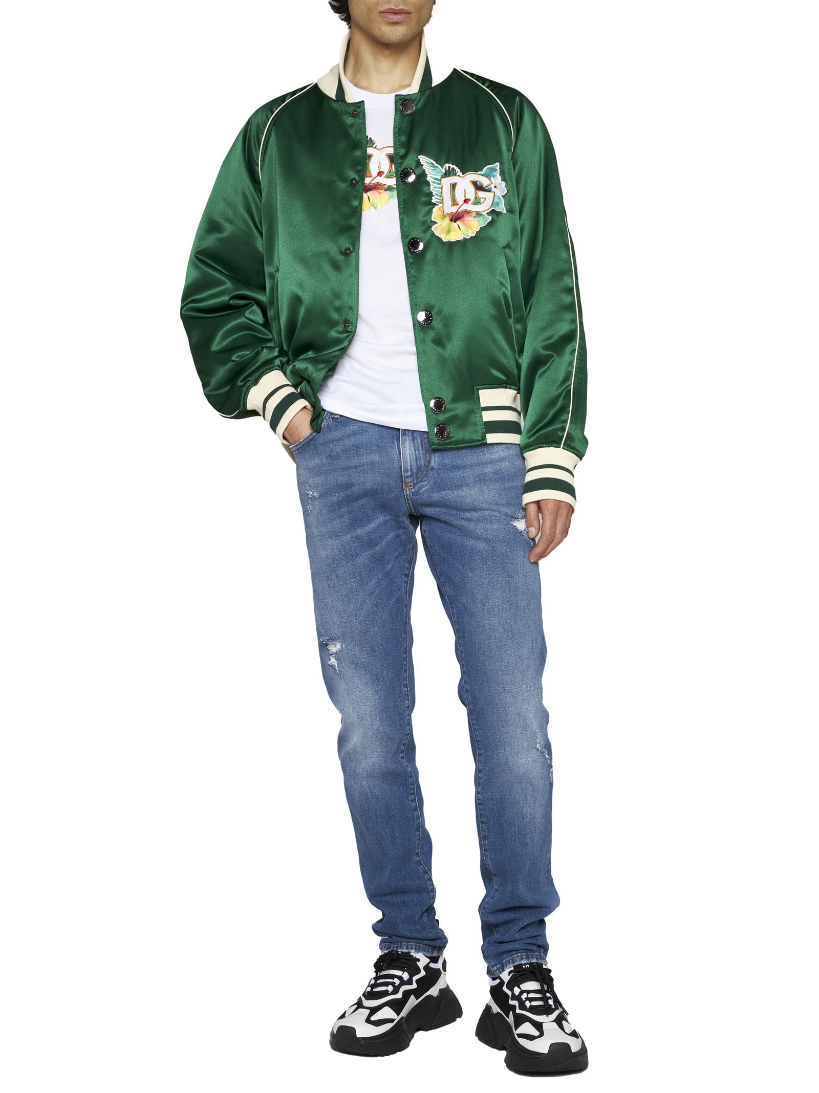 Model wearing the Dolce & Gabbana green floral logo-print satin bomber jacket, full height