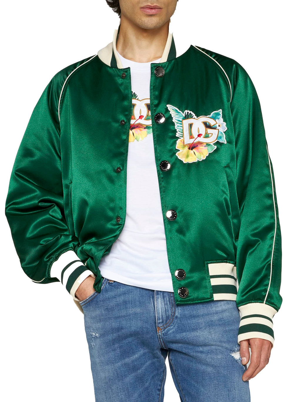 Model wearing the Dolce & Gabbana green floral logo-print satin bomber jacket