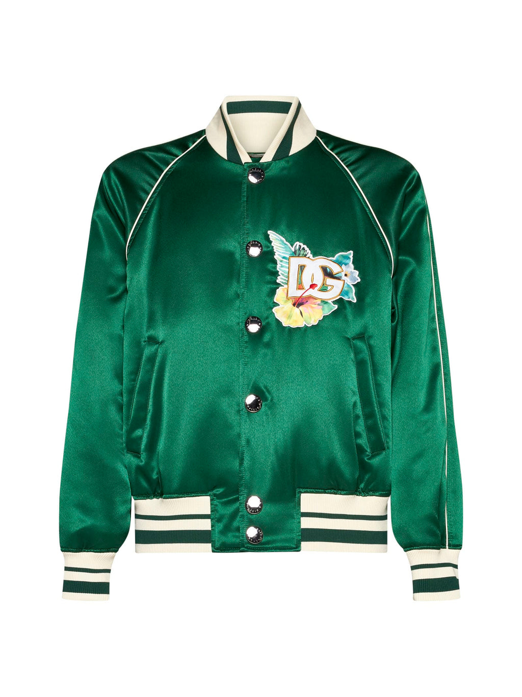 Dolce & Gabbana green floral logo-print satin bomber jacket, front view

