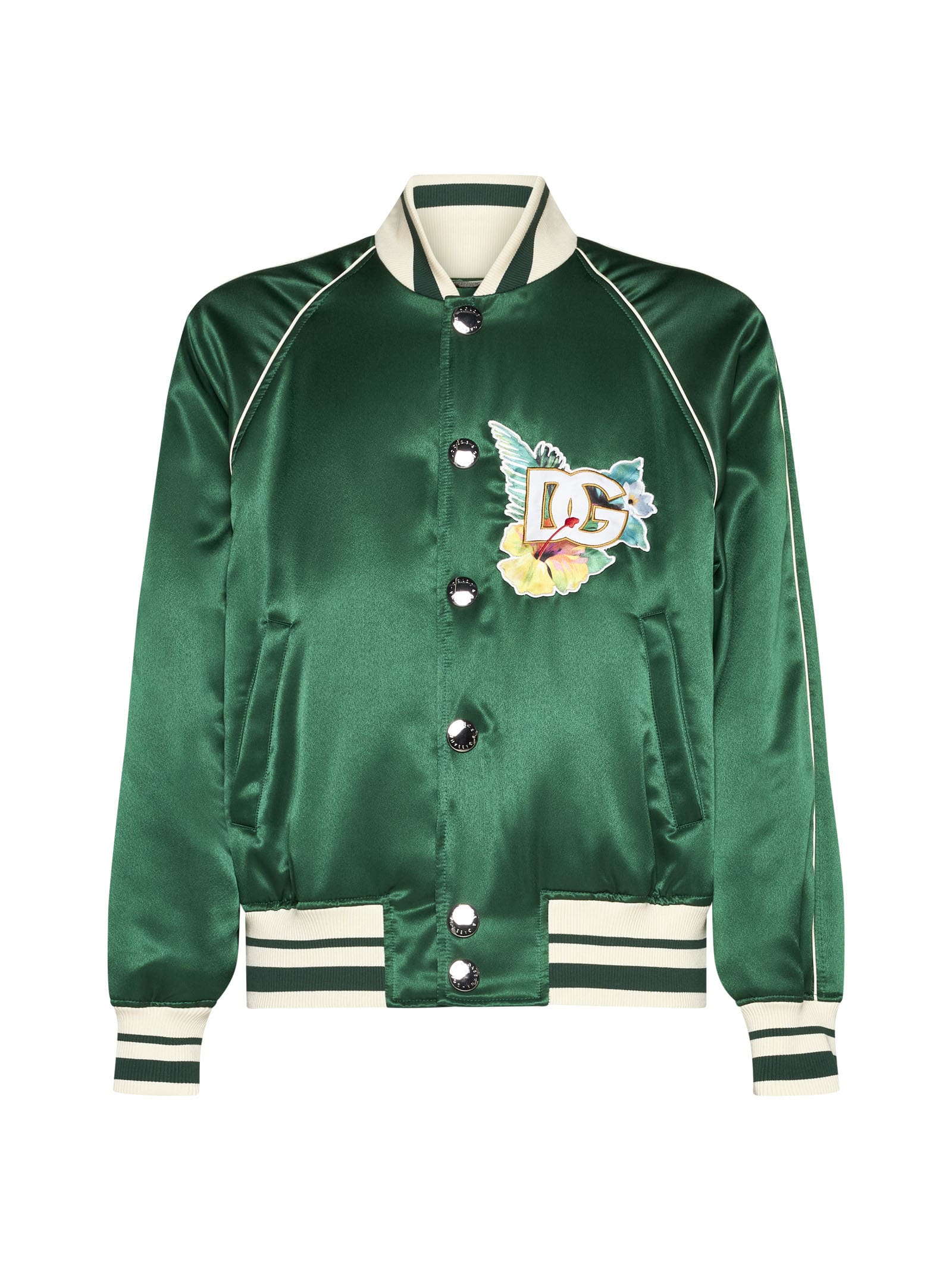 Dolce & Gabbana green floral logo-print satin bomber jacket, front view
