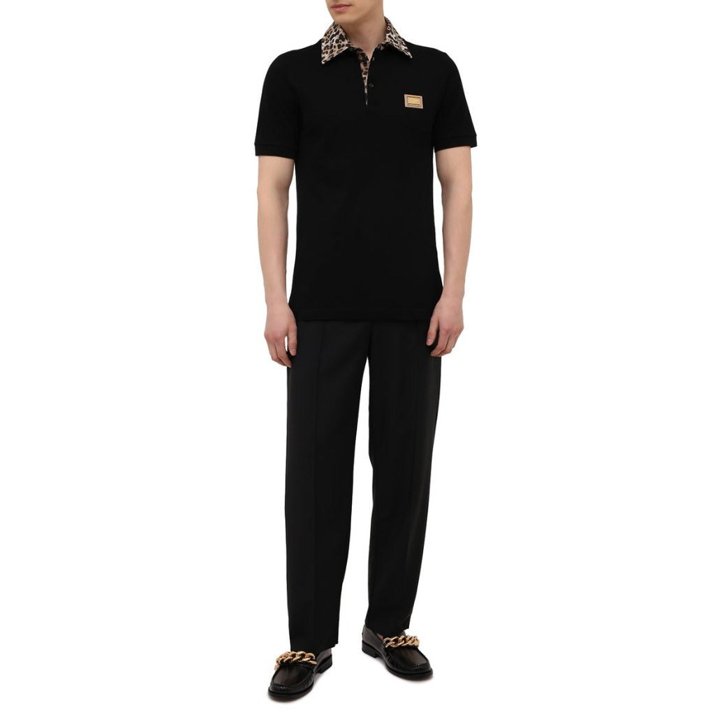 Full shot of the Dolce & Gabbana black polo shirt with leopard collar and chest logo